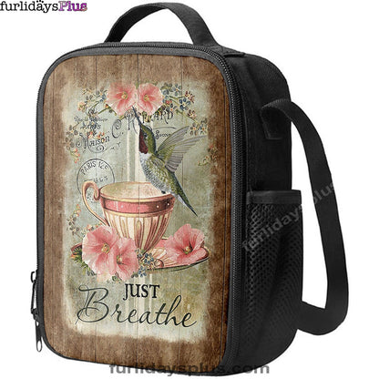 Just Breathe Hummingbird Tea Cup Pink Flowers Vintage Lunchbag, Christian Lunchbag, Bible Verse Lunch Bag