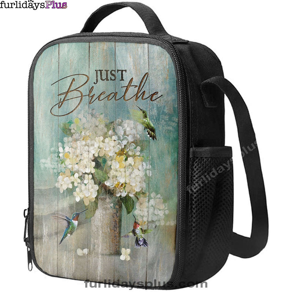 Just Breathe Hummingbird White Flower Lunchbag, Bible Verse Lunch Bag, Christian Lunchbag Lunchbag