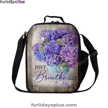 Just Breathe Hydrangea Purple Flower Lunchbag, Bible Verse Lunch Bag, Christian Lunchbag Lunchbag