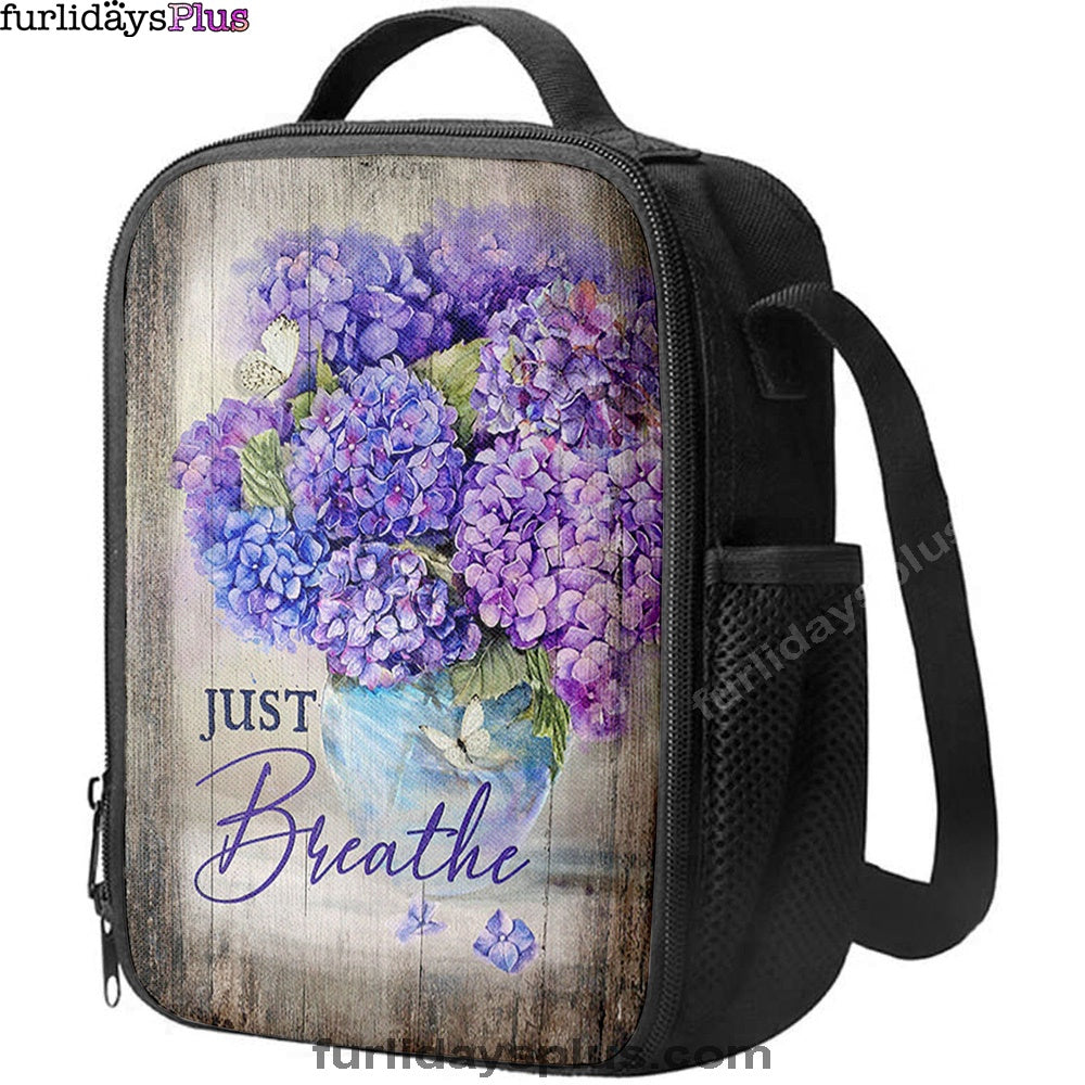 Just Breathe Hydrangea Purple Flower Lunchbag, Bible Verse Lunch Bag, Christian Lunchbag Lunchbag