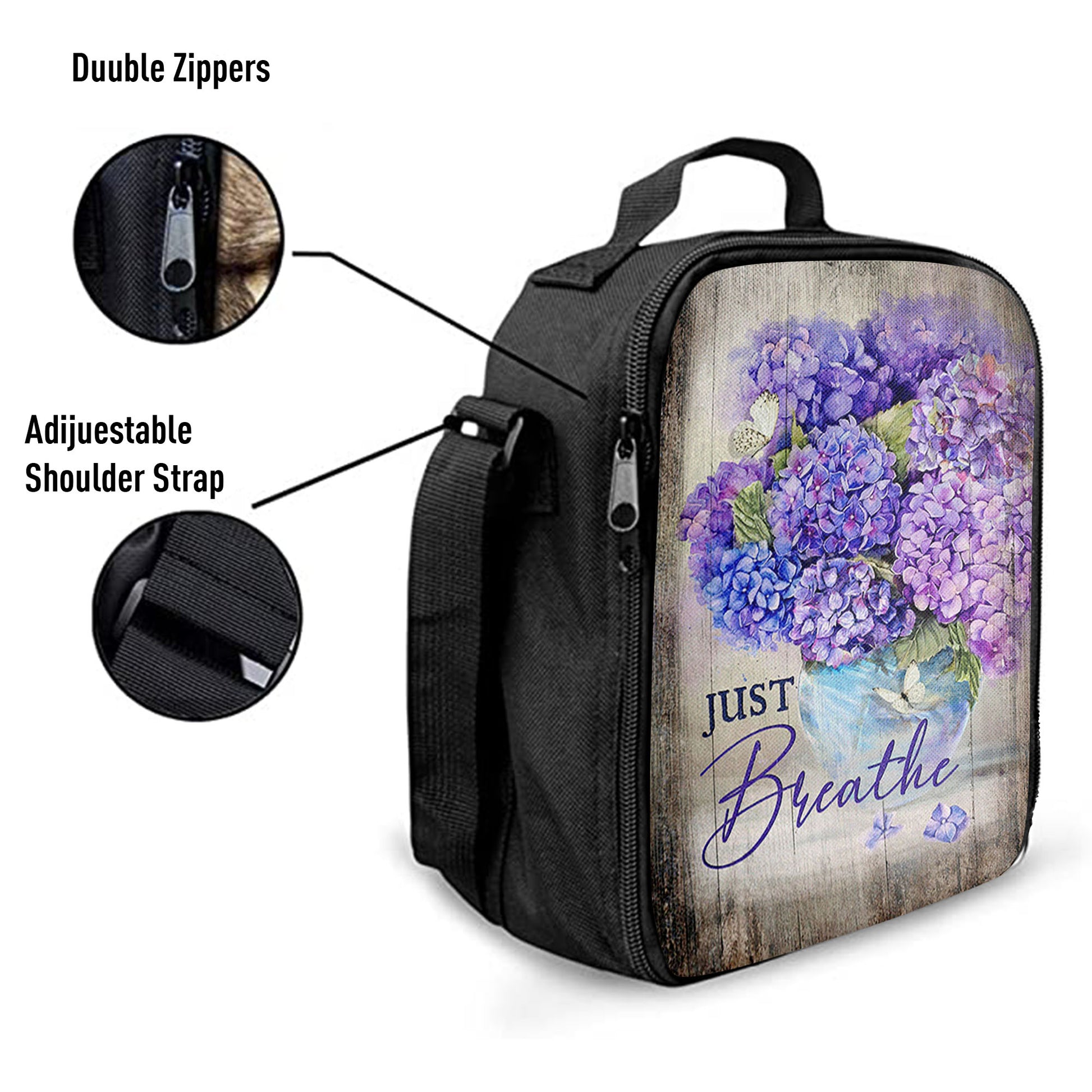 Just Breathe Hydrangea Purple Flower Lunchbag, Bible Verse Lunch Bag, Christian Lunchbag Lunchbag