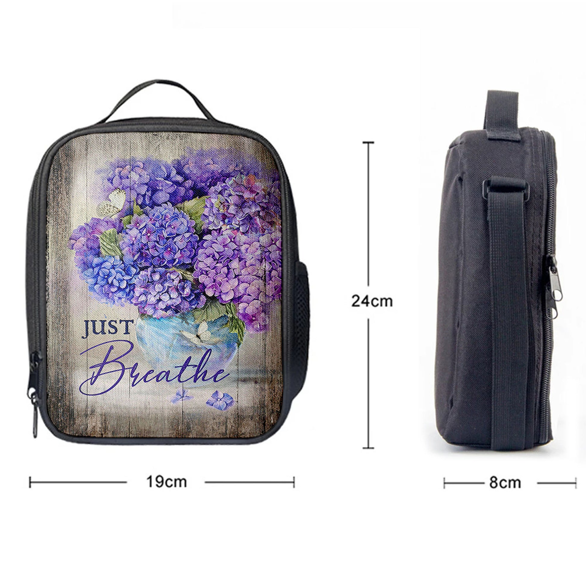 Just Breathe Hydrangea Purple Flower Lunchbag, Bible Verse Lunch Bag, Christian Lunchbag Lunchbag