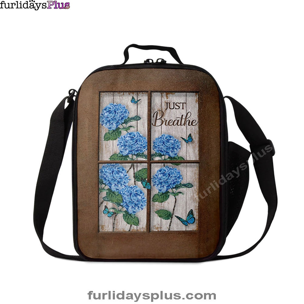 Just Breathe Hydrangeas Blue Flower Butterfly Lunchbag, Bible Verse Lunch Bag, Christian Lunchbag Lunchbag