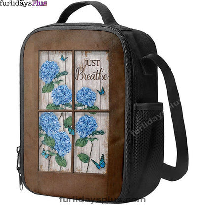 Just Breathe Hydrangeas Blue Flower Butterfly Lunchbag, Bible Verse Lunch Bag, Christian Lunchbag Lunchbag