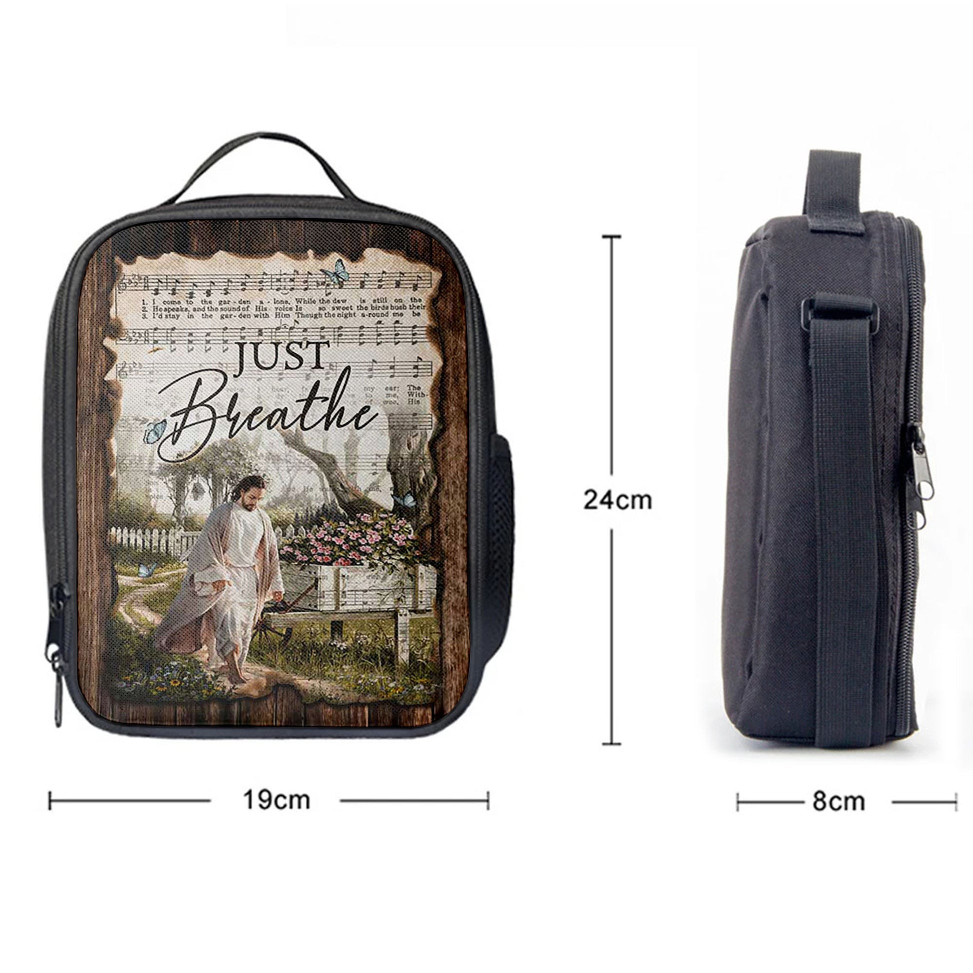 Just Breathe Music Sheet Walking With Jesus Pretty Flower Garden Lunchbag, Christian Lunchbag, Bible Verse Lunch Bag