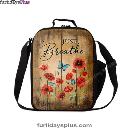 Just Breathe Poppy Blue Butterfly Lunchbag, Bible Verse Lunch Bag, Christian Lunchbag Lunchbag