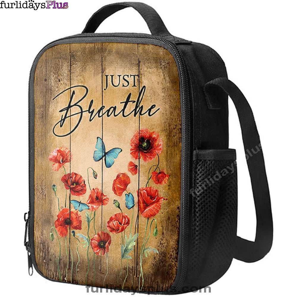 Just Breathe Poppy Blue Butterfly Lunchbag, Bible Verse Lunch Bag, Christian Lunchbag Lunchbag