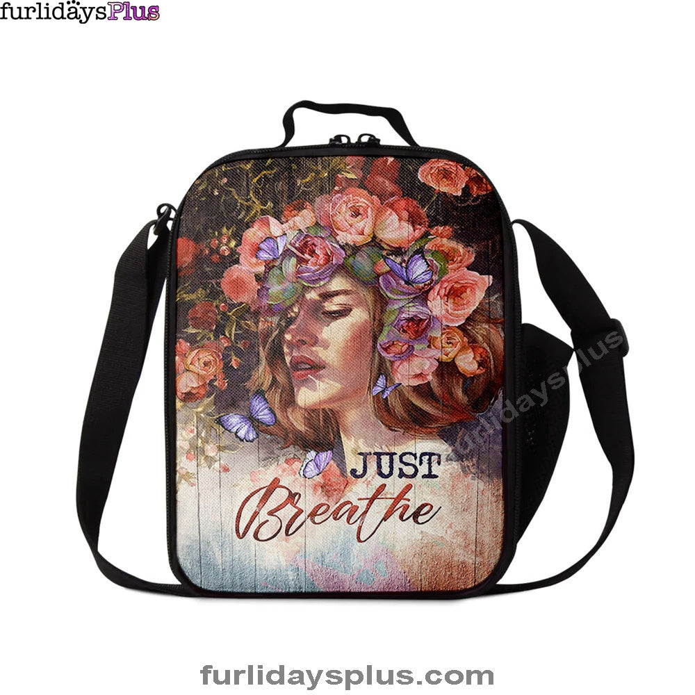 Just Breathe Purple Butterfly Girl Lunchbag, Bible Verse Lunch Bag, Inspirational Art, Christian Lunchbag