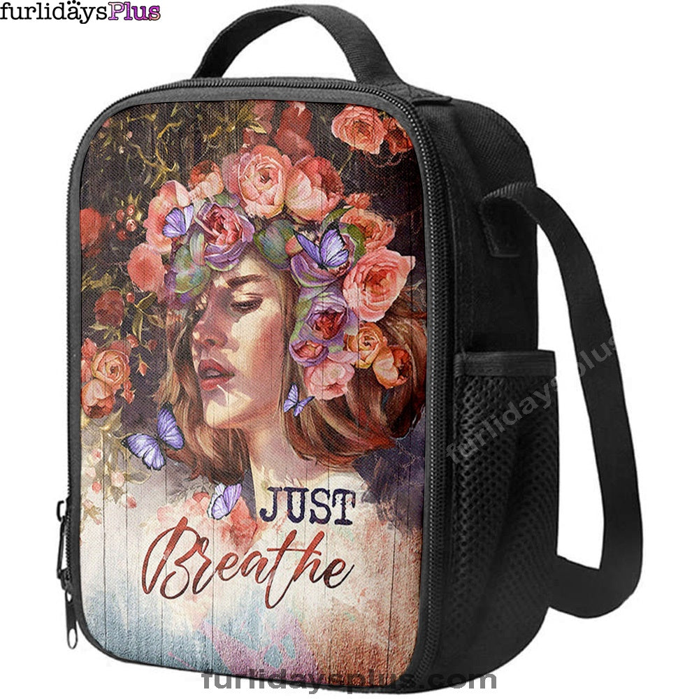 Just Breathe Purple Butterfly Girl Lunchbag, Bible Verse Lunch Bag, Inspirational Art, Christian Lunchbag