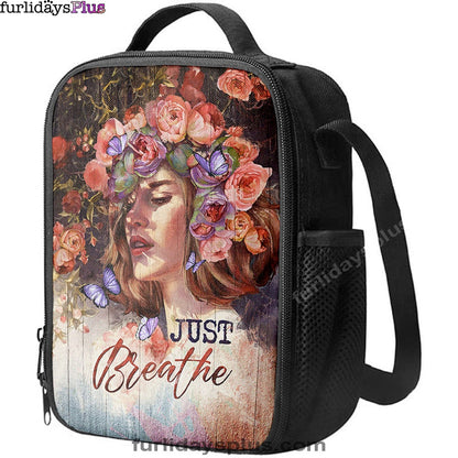 Just Breathe Purple Butterfly Girl Lunchbag, Bible Verse Lunch Bag, Inspirational Art, Christian Lunchbag