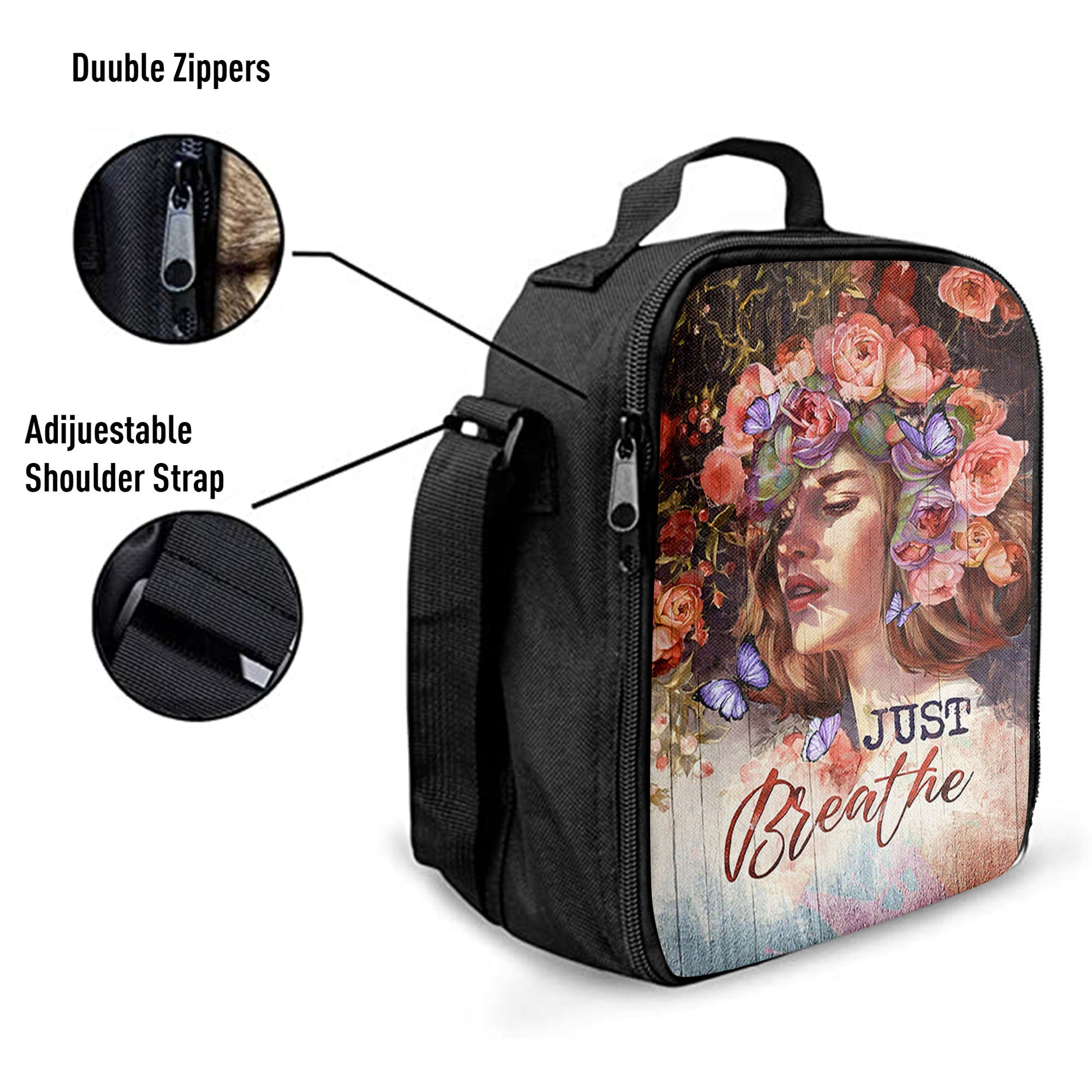 Just Breathe Purple Butterfly Girl Lunchbag, Bible Verse Lunch Bag, Inspirational Art, Christian Lunchbag