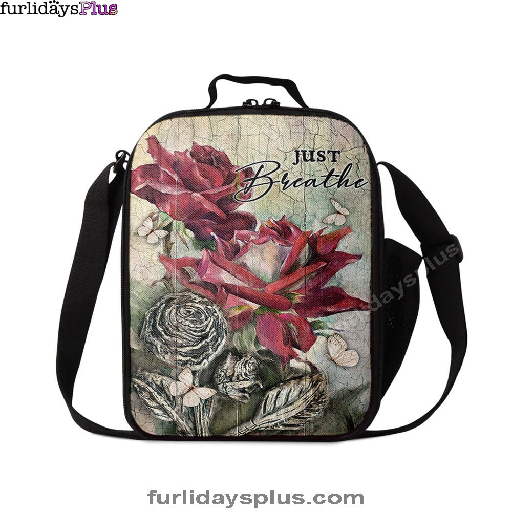Just Breathe Red Rose Butterfly Lunchbag, Bible Verse Lunch Bag, Inspirational Art, Christian Lunchbag