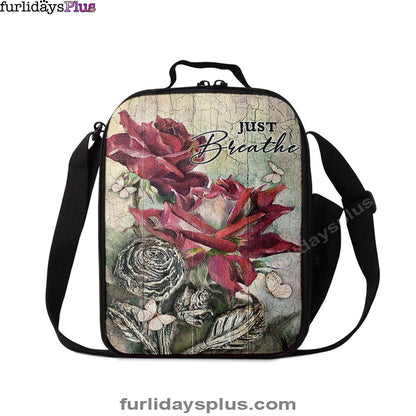 Just Breathe Red Rose Butterfly Lunchbag, Bible Verse Lunch Bag, Inspirational Art, Christian Lunchbag