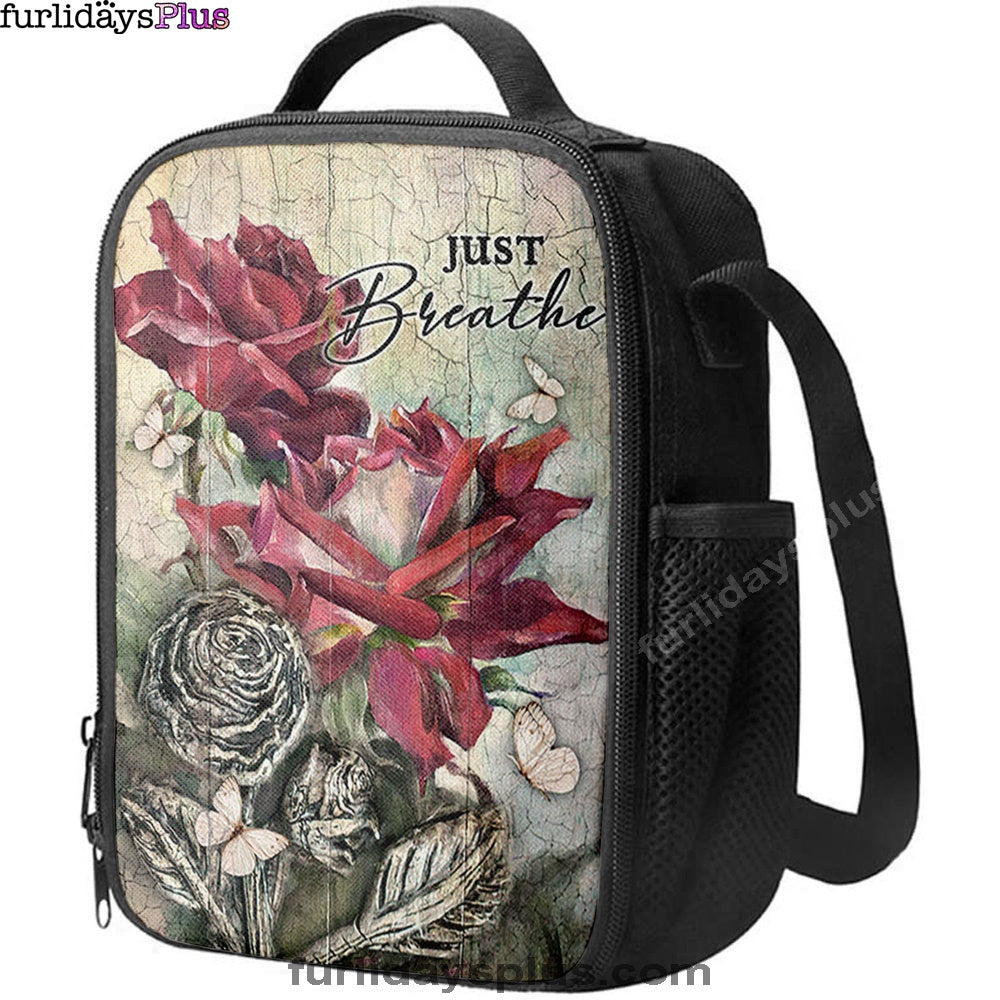 Just Breathe Red Rose Butterfly Lunchbag, Bible Verse Lunch Bag, Inspirational Art, Christian Lunchbag