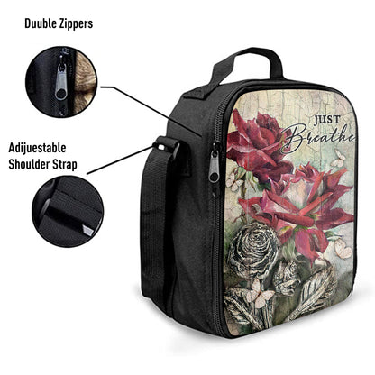Just Breathe Red Rose Butterfly Lunchbag, Bible Verse Lunch Bag, Inspirational Art, Christian Lunchbag