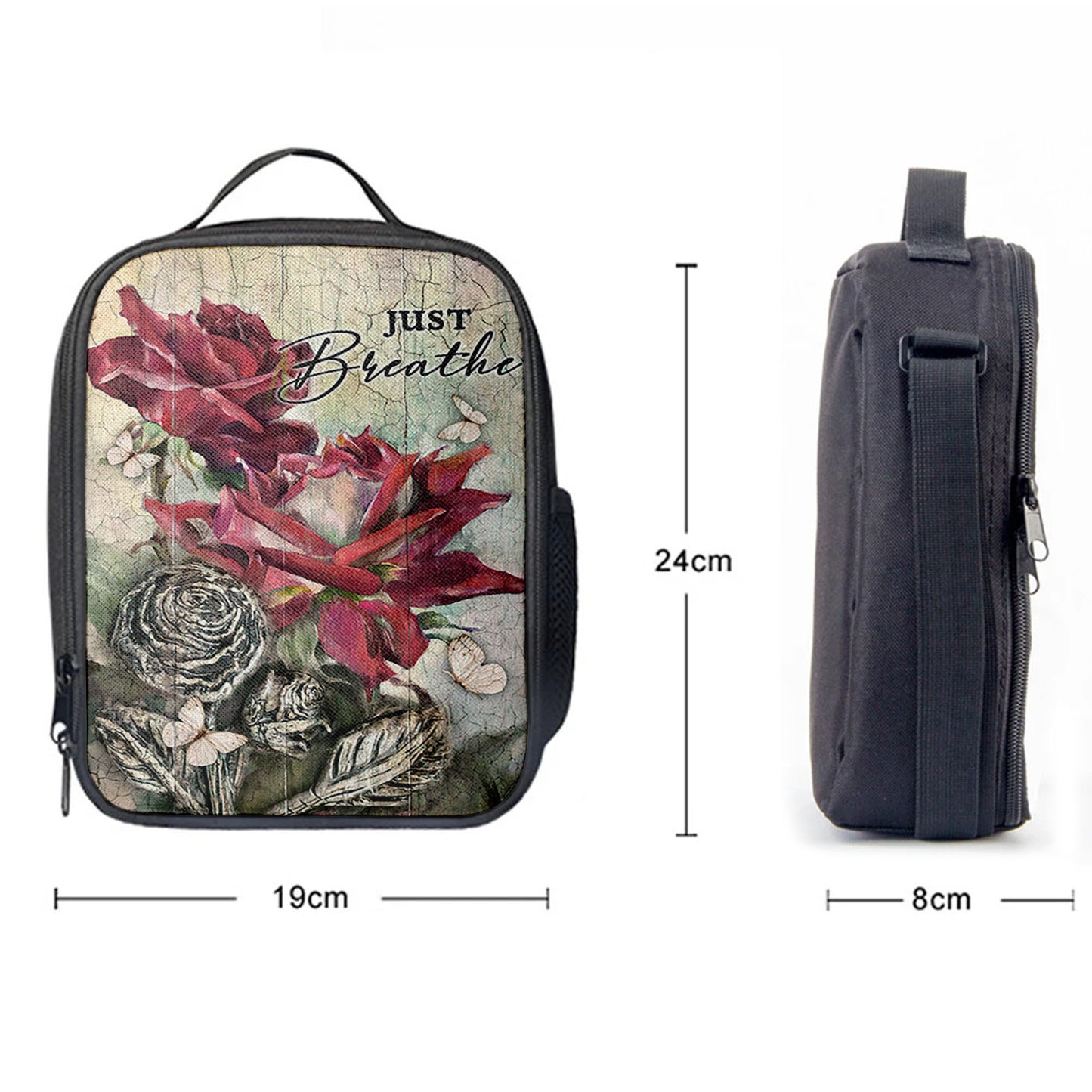 Just Breathe Red Rose Butterfly Lunchbag, Bible Verse Lunch Bag, Inspirational Art, Christian Lunchbag