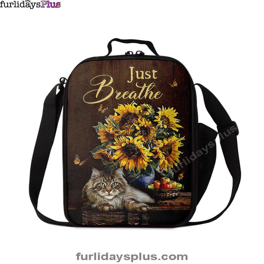 Just Breathe Sunflower Cat Lunchbag, Bible Verse Lunch Bag, Christian Lunchbag Lunchbag