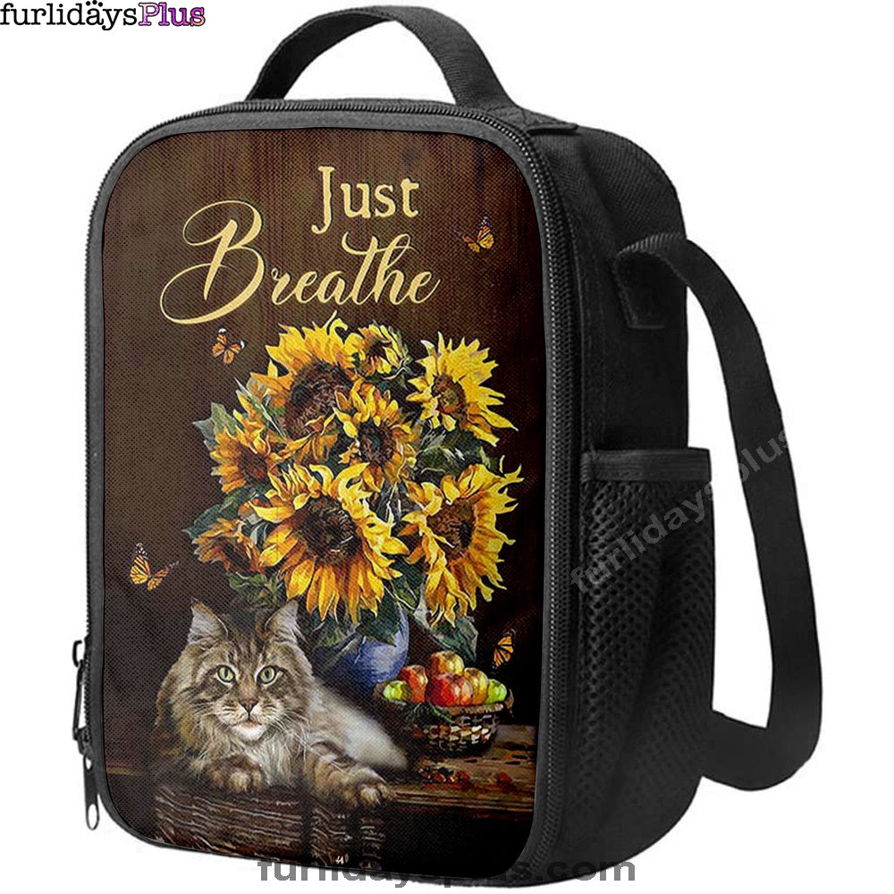 Just Breathe Sunflower Cat Lunchbag, Bible Verse Lunch Bag, Christian Lunchbag Lunchbag