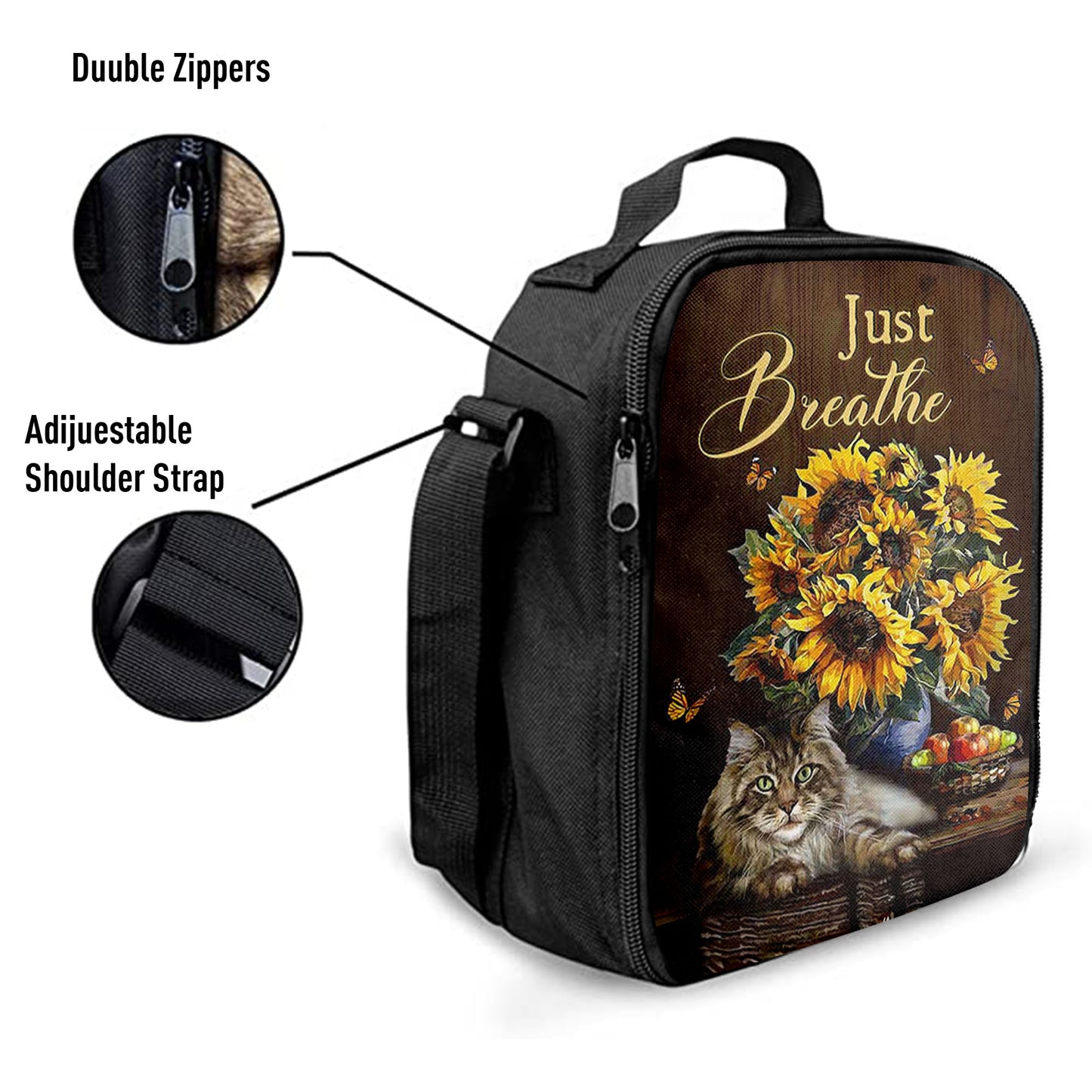 Just Breathe Sunflower Cat Lunchbag, Bible Verse Lunch Bag, Christian Lunchbag Lunchbag