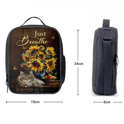 Just Breathe Sunflower Cat Lunchbag, Bible Verse Lunch Bag, Christian Lunchbag Lunchbag