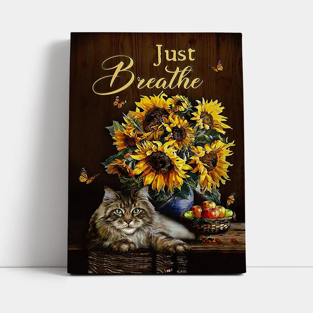 Just Breathe Sunflower Cat Wall Art Canvas - Bible Verse Canvas Art - Christian Wall Art Home Decor