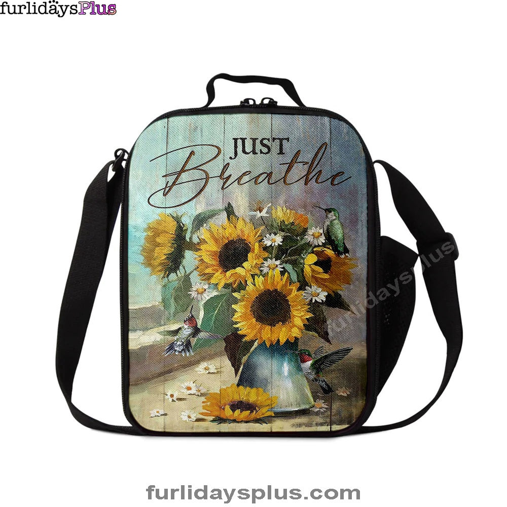 Just Breathe Sunflower Vase Hummingbird Lunch Bag, Christian Art, Bible Verse Lunchbag, Religious Lunchbag