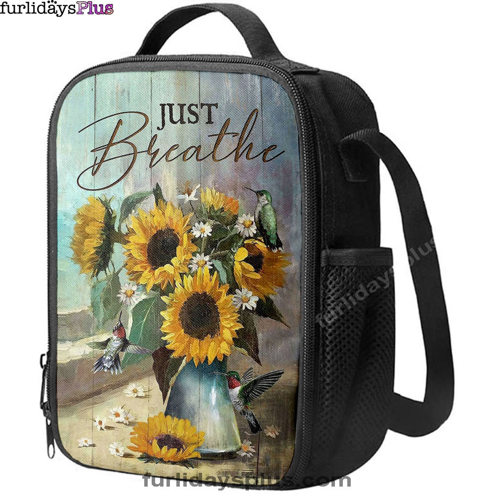 Just Breathe Sunflower Vase Hummingbird Lunch Bag, Christian Art, Bible Verse Lunchbag, Religious Lunchbag