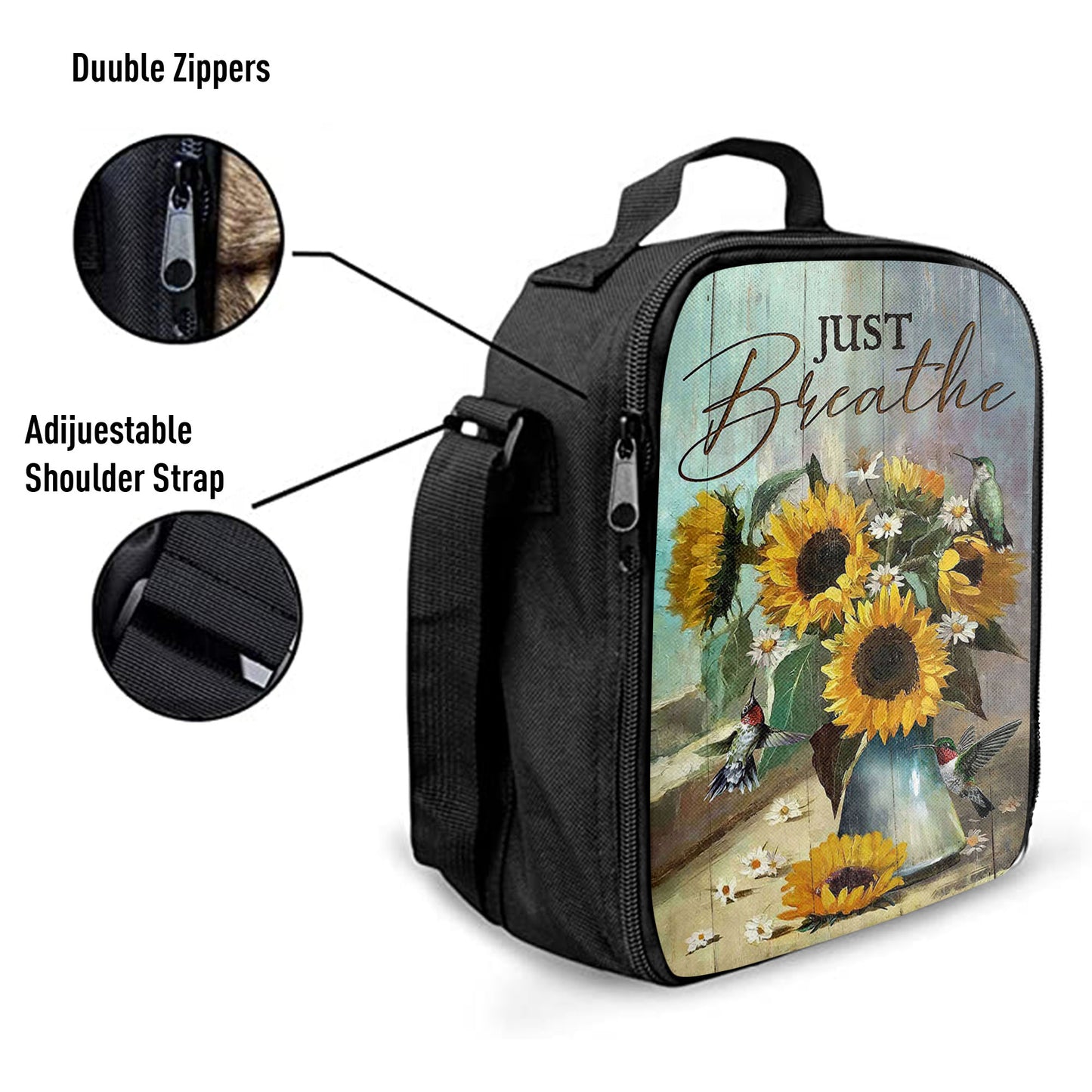 Just Breathe Sunflower Vase Hummingbird Lunch Bag, Christian Art, Bible Verse Lunchbag, Religious Lunchbag
