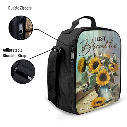 Just Breathe Sunflower Vase Hummingbird Lunch Bag, Christian Art, Bible Verse Lunchbag, Religious Lunchbag