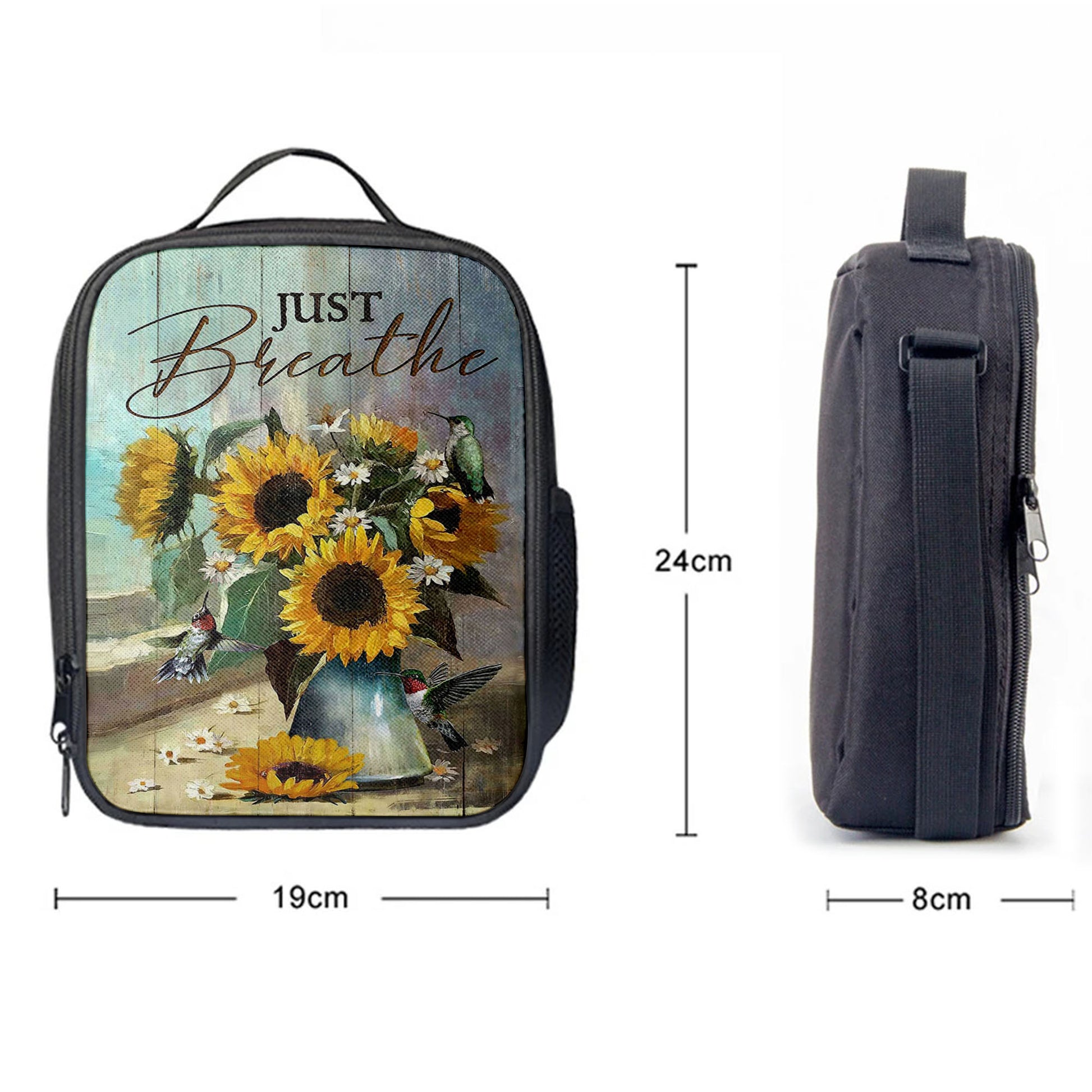 Just Breathe Sunflower Vase Hummingbird Lunch Bag, Christian Art, Bible Verse Lunchbag, Religious Lunchbag