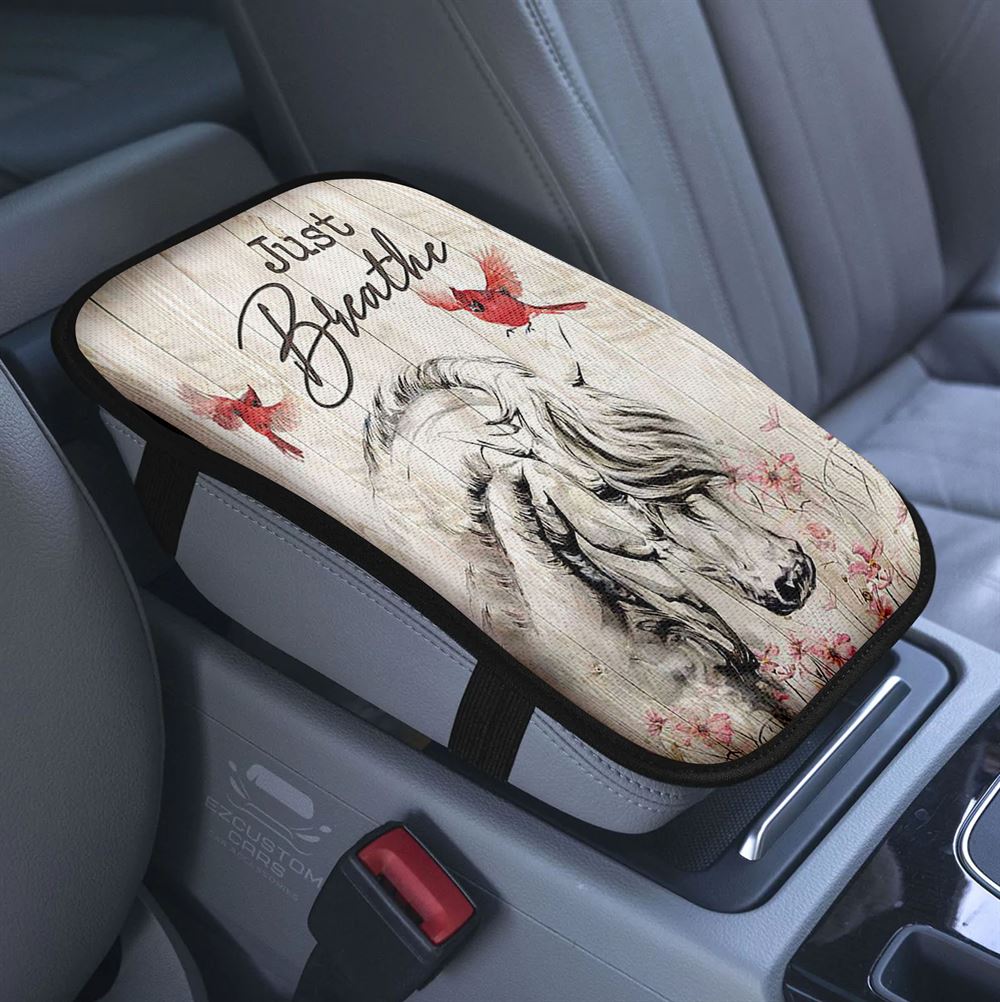 Just Breathe Sunflower Vase Little Cat Hummingbird Car Center Console Cover, Bible Verse Armrest Pad Cover, Christian Car Accessory