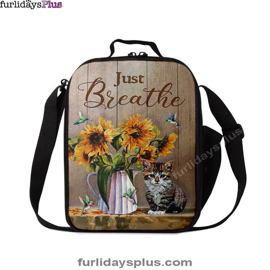 Just Breathe Sunflower Vase Little Cat Hummingbird Lunchbag, Bible Verse Lunch Bag, Christian Lunchbag Lunchbag