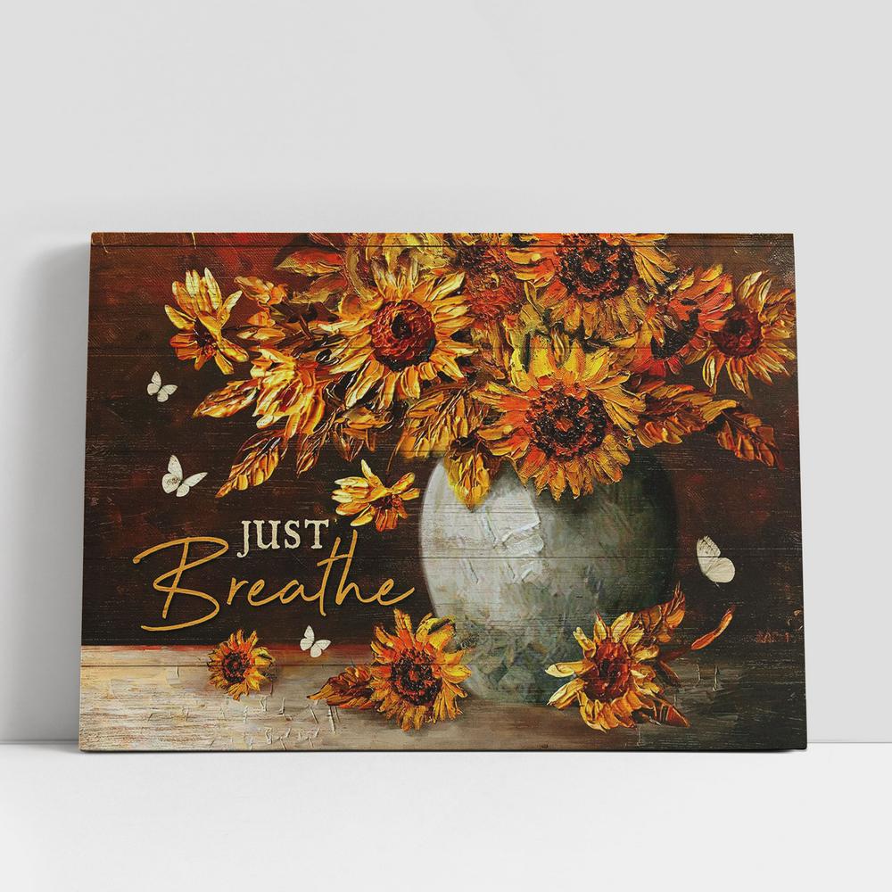 Just Breathe Sunflower White Butterfly Canvas Art, Christian Gifts Wall Art Decor, Bible Verse Canvas