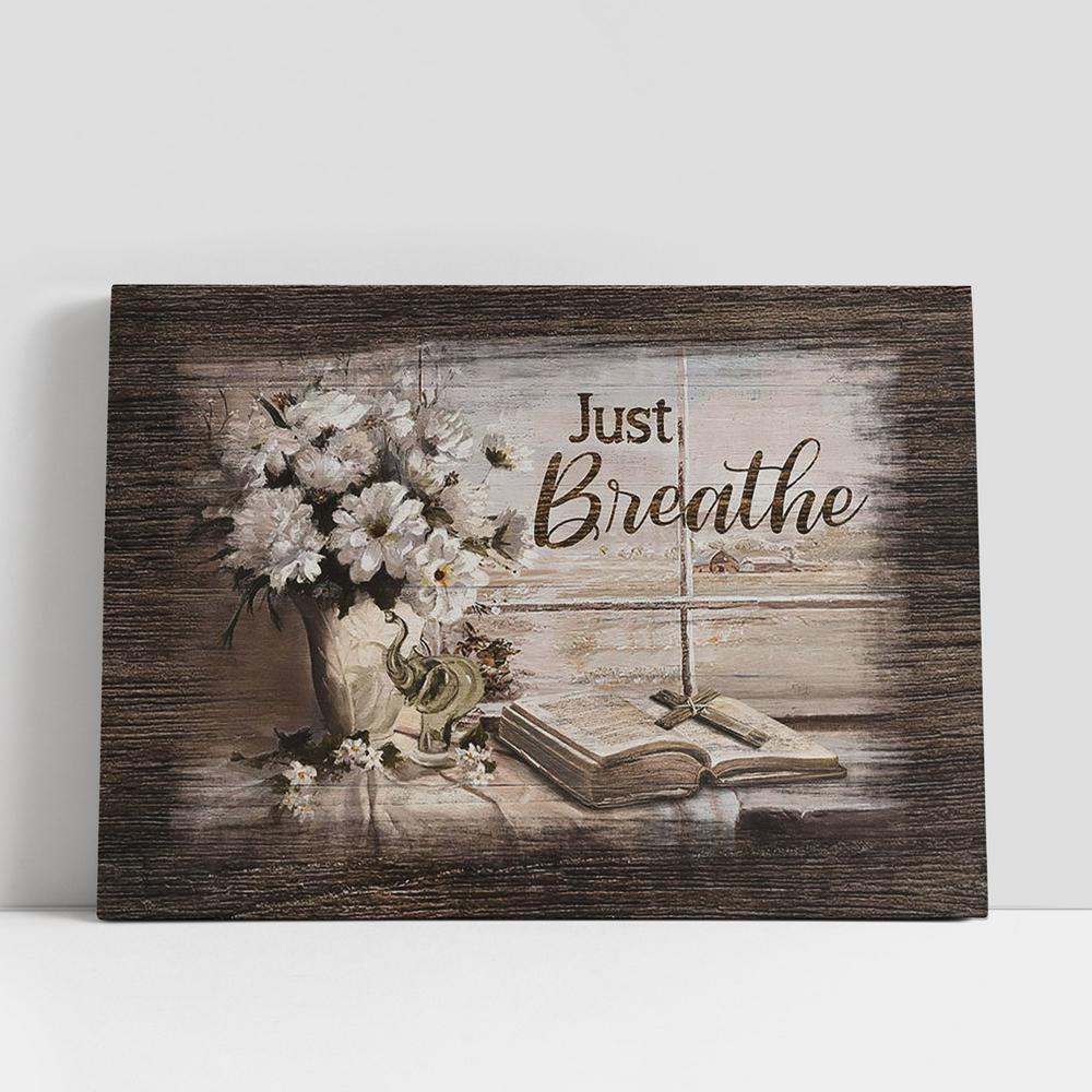 Just Breathe White Daisy Bible Cross Canvas Art, Bible Verse Wall Art, Wall Decor Christian Gifts