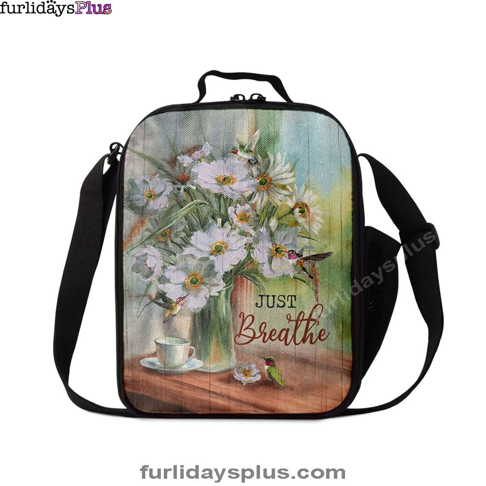 Just Breathe White Flower Hummingbird Lunchbag, Bible Verse Lunch Bag, Christian Lunchbag Lunchbag