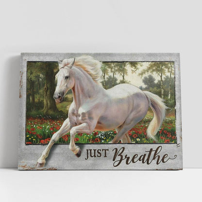 Just Breathe White Horse Running In The Wood Canvas Prints, Christian Gifts Wall Art, Religious Home Decor