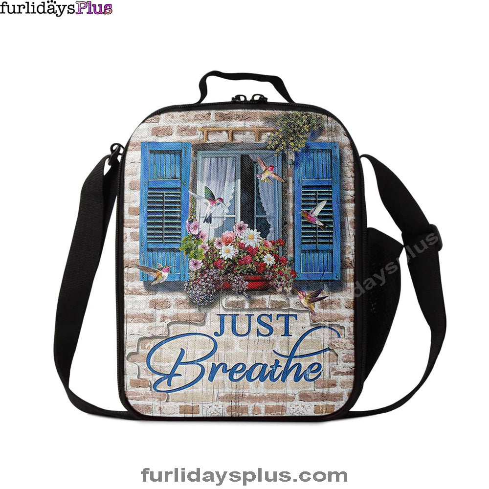 Just Breathe Window Flower Hummingbird Lunchbag, Bible Verse Lunch Bag, Christian Lunchbag Lunchbag