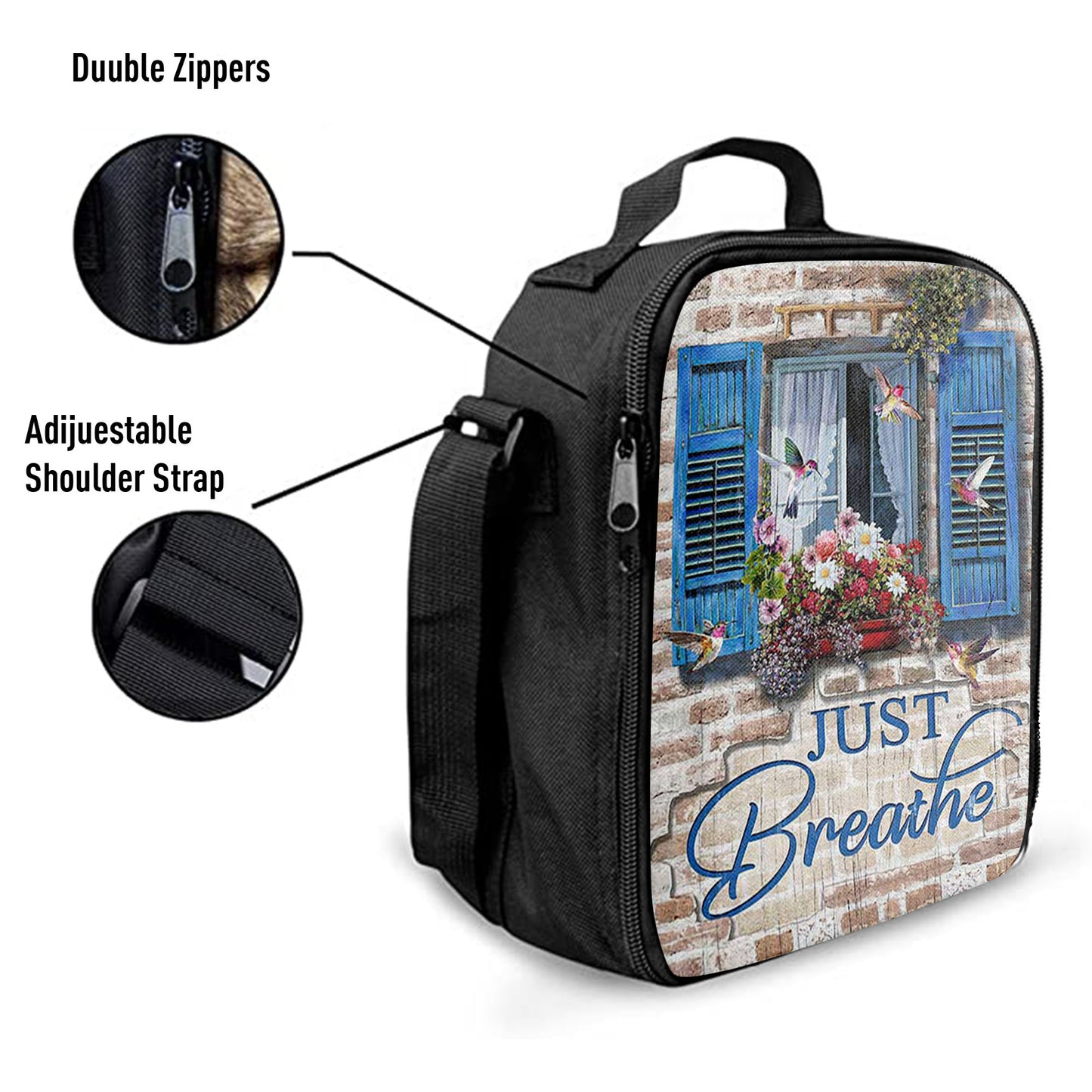 Just Breathe Window Flower Hummingbird Lunchbag, Bible Verse Lunch Bag, Christian Lunchbag Lunchbag