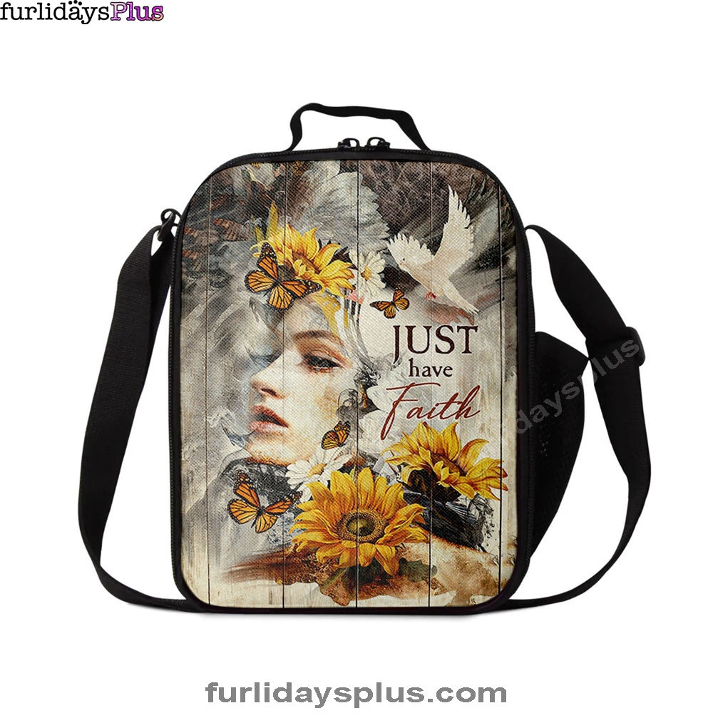 Just Have Faith Beautiful Girl Sunflower Lunchbag, Christian Lunchbag, Bible Verse Lunch Bag