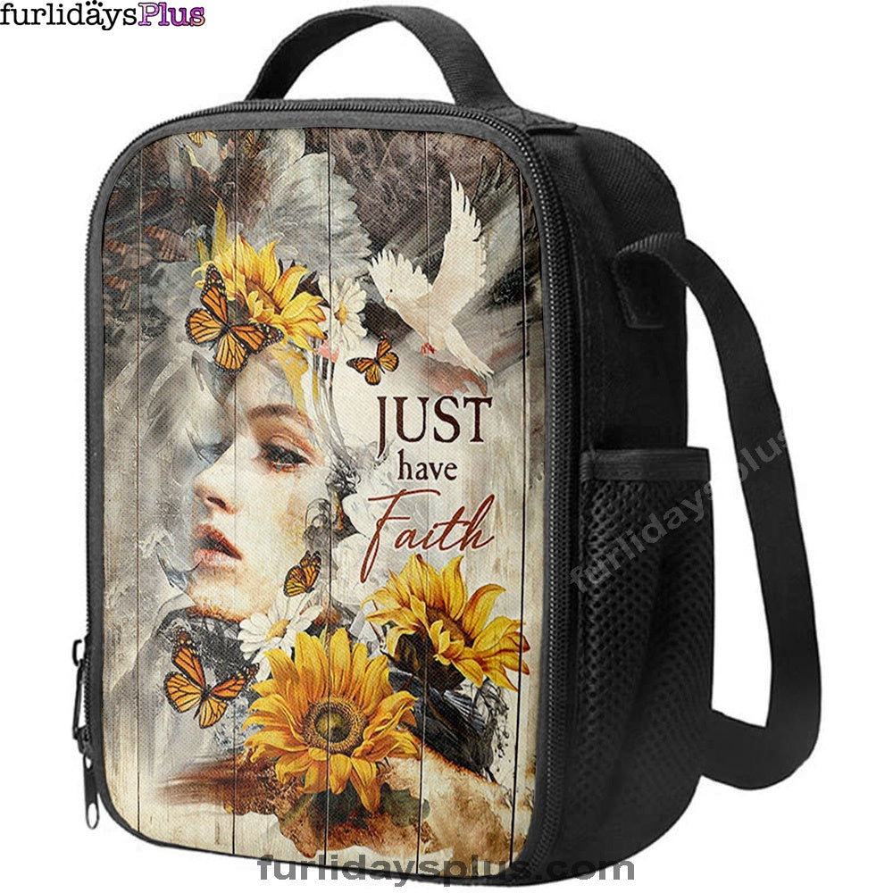 Just Have Faith Beautiful Girl Sunflower Lunchbag, Christian Lunchbag, Bible Verse Lunch Bag