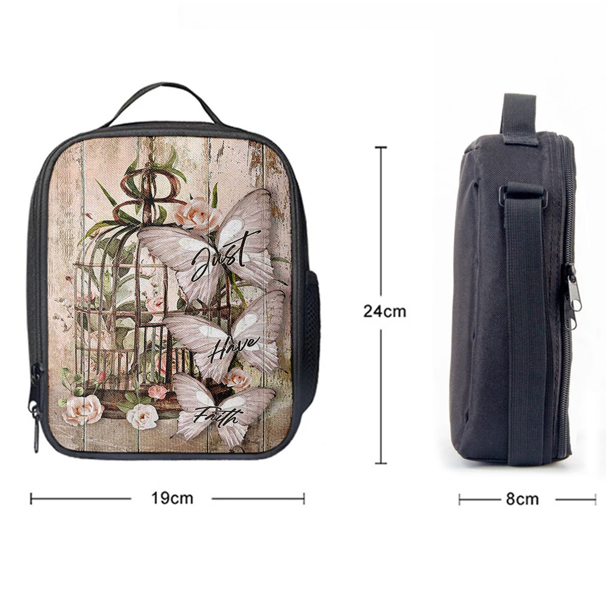 Just Have Faith Bird Cage White Butterfly Lunchbag, Bible Verse Lunch Bag, Inspirational Art, Christian Lunchbag