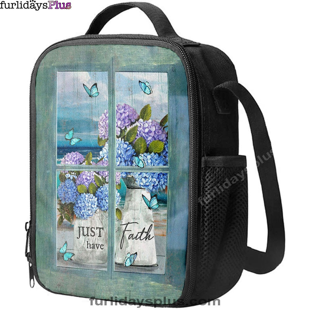 Just Have Faith Hydrangea Pretty Butterfly Lunchbag, Bible Verse Lunch Bag, Christian Lunchbag Lunchbag