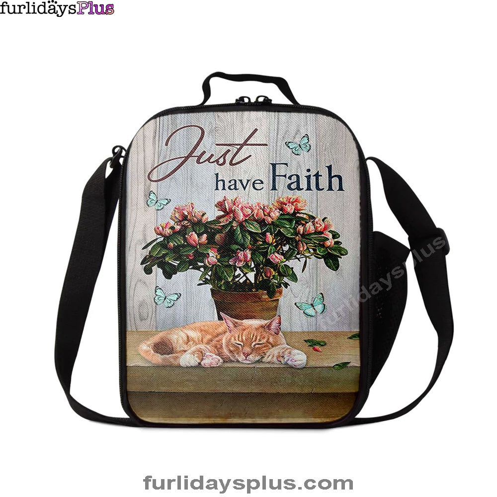 Just Have Faith Pink Flower Sleeping Cat Lunchbag, Bible Verse Lunch Bag, Christian Lunchbag Lunchbag