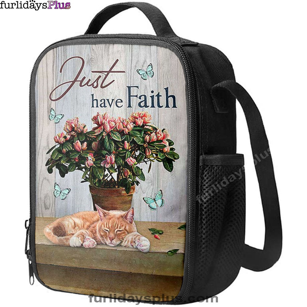 Just Have Faith Pink Flower Sleeping Cat Lunchbag, Bible Verse Lunch Bag, Christian Lunchbag Lunchbag