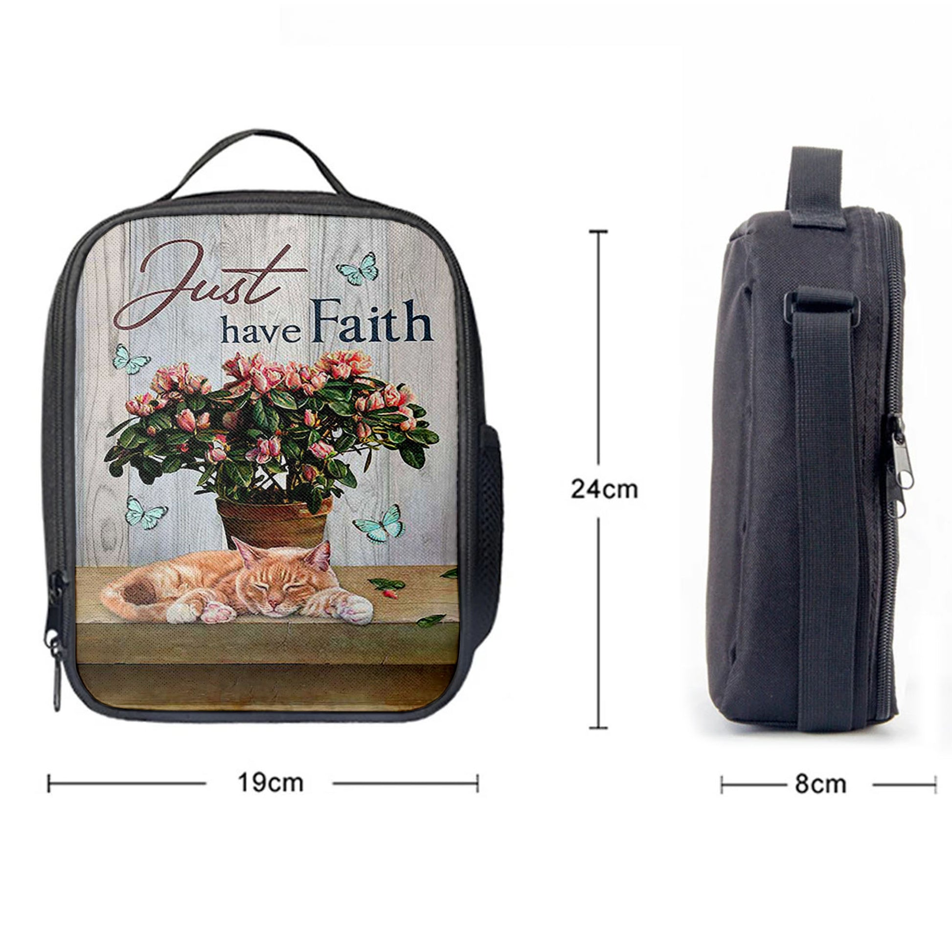 Just Have Faith Pink Flower Sleeping Cat Lunchbag, Bible Verse Lunch Bag, Christian Lunchbag Lunchbag