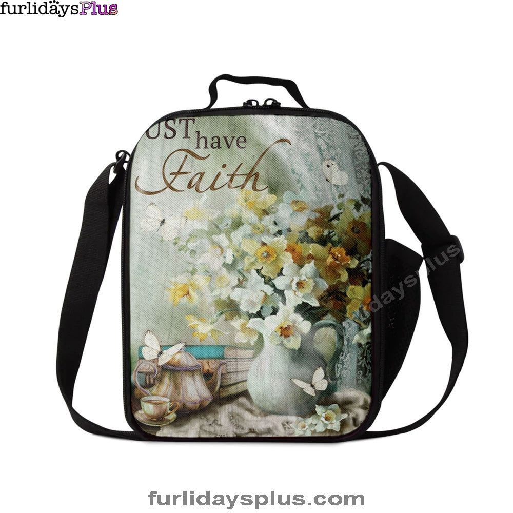 Just Have Faith Vase Flower Butterfly Lunchbag, Christian Lunch Bag, Bible Verse Lunch Bag