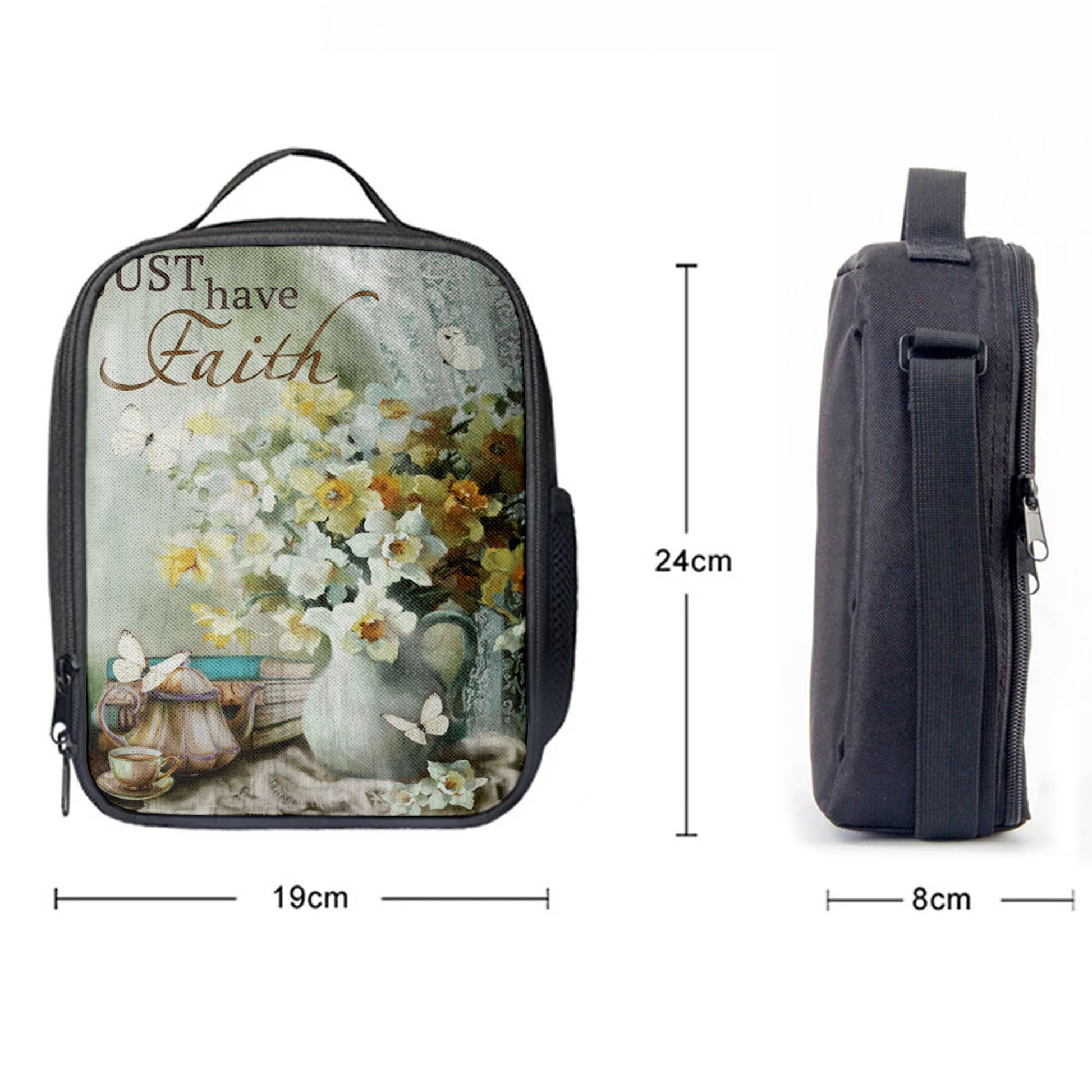 Just Have Faith Vase Flower Butterfly Lunchbag, Christian Lunch Bag, Bible Verse Lunch Bag