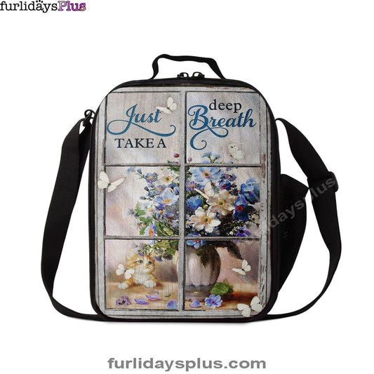 Just Take A Deep Breath Flower Butterfly Cat Lunchbag, Christian Lunch Bag, Bible Verse Lunch Bag