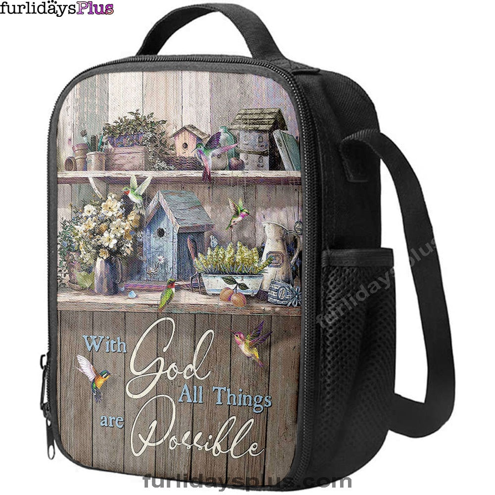 Kitchen Flowers Hummingbird With God All Things Are Possible Lunch Bag, Christian Art, Bible Verse Lunchbag, Religious Lunchbag