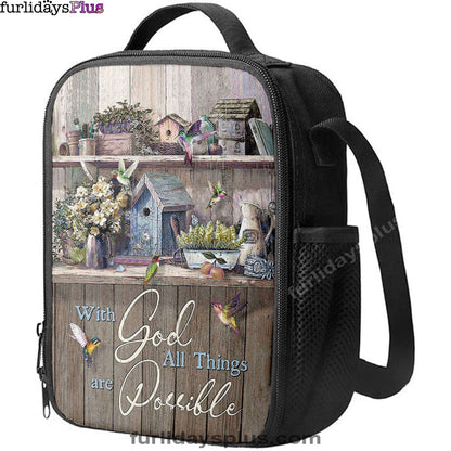 Kitchen Flowers Hummingbird With God All Things Are Possible Lunch Bag, Christian Art, Bible Verse Lunchbag, Religious Lunchbag